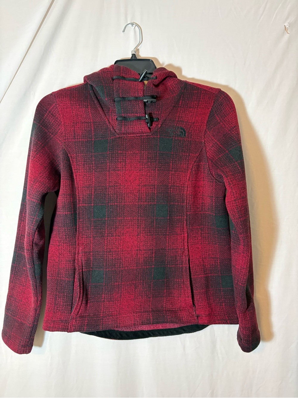 The North Face Red and Black Plaid Hooded Pullover